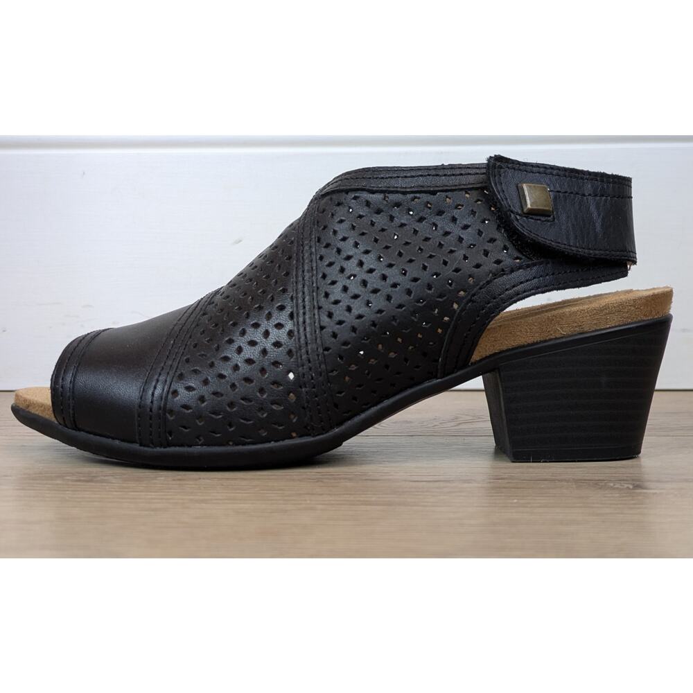 Array Leather Ankle Sandals Black 9.5 Laser Cut Block Heel Peep Toe Comfort NEW - Picture 11 of 12